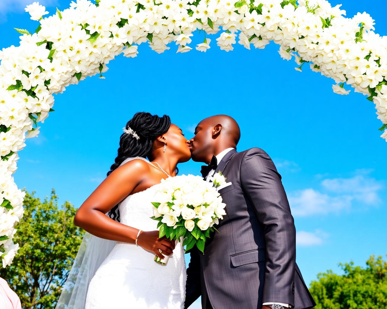 Couple kissing under floral arch