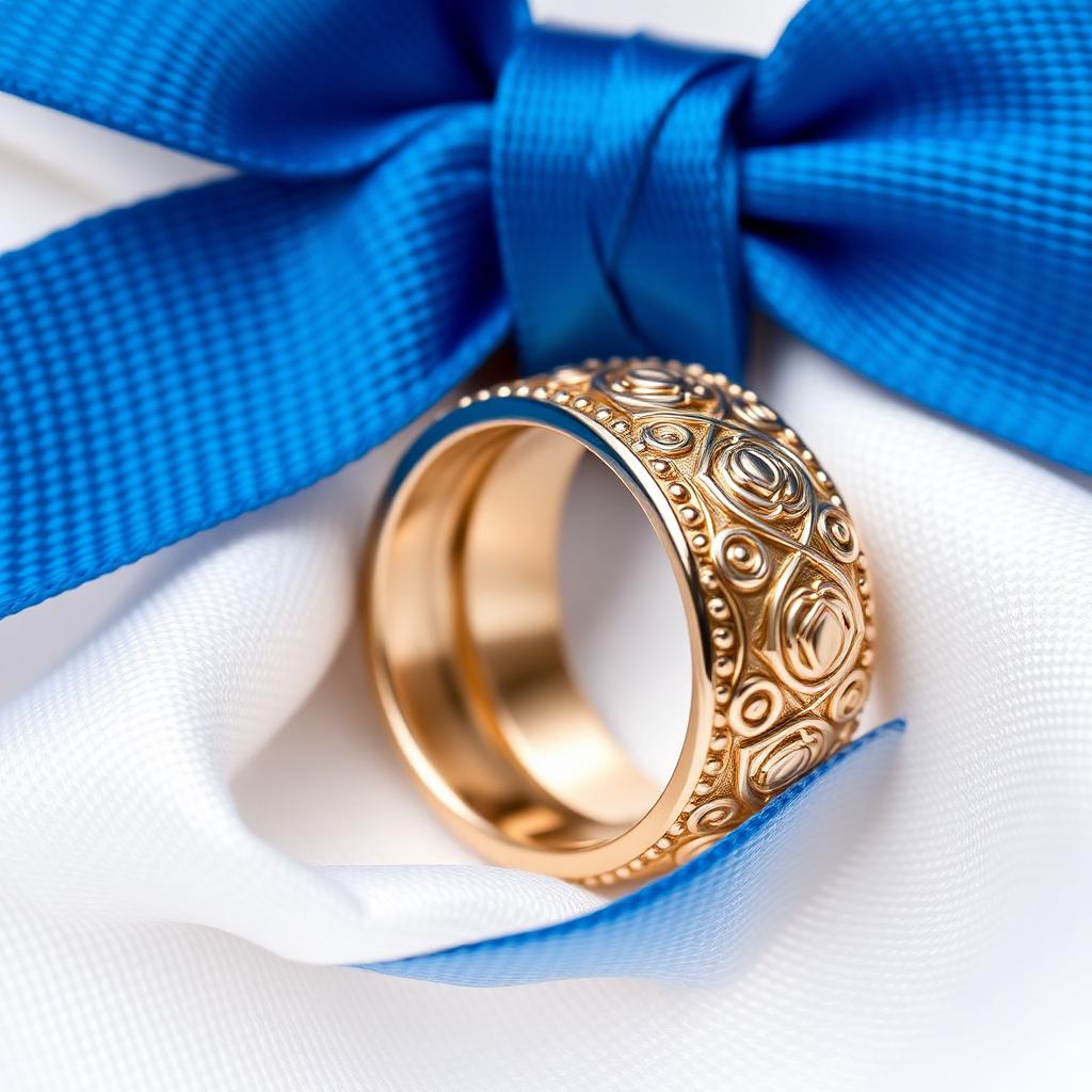 Wedding ring on blue ribbon